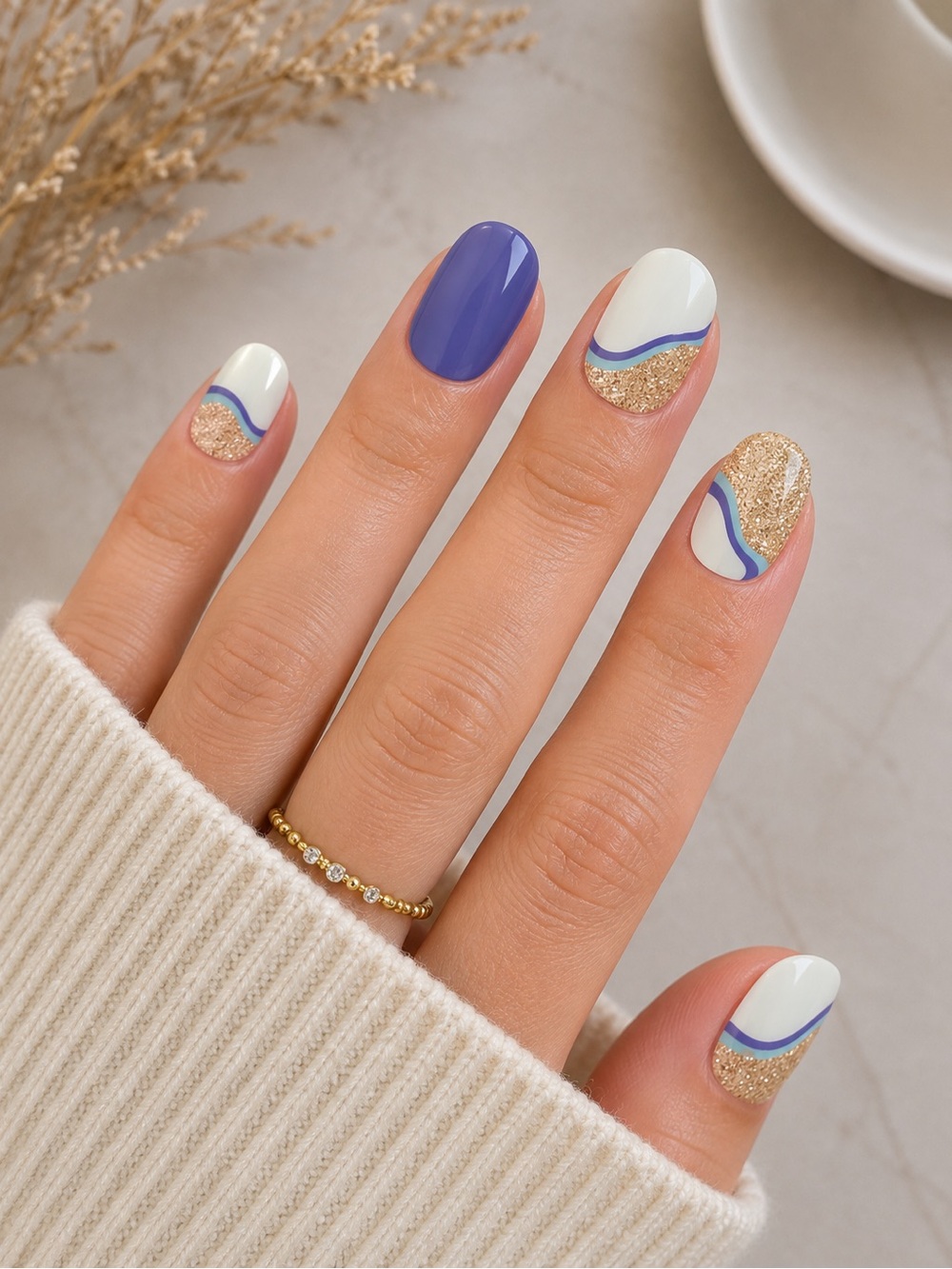 Lavender & Gold Wave Gel Nail Wraps | Glitter Accent DIY Manicure